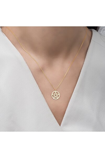 GÜMÜŞ 24 Ayar Has Altın Kaplama Pentagram Kolye