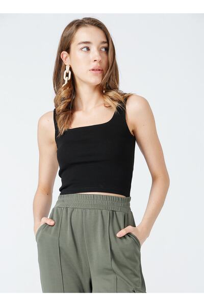 Fabrika Siyah Kadın Kare Yaka Crop Atlet TARRAN