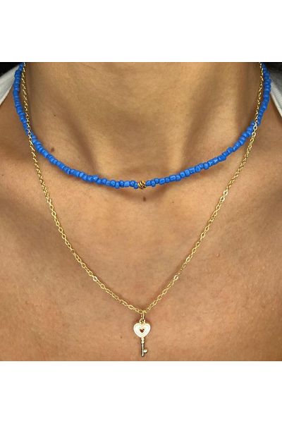 Stoneday Blue Sand Beaded Anti-Tarnish Chain Lock Triple Double Set Combination Necklace