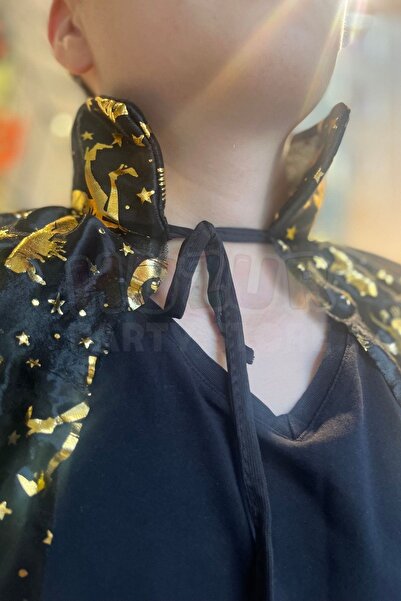 Huzur Party Store Cadılar Bayramı Pelerini Siyah Renkli Gold Altın Sarısı Cadı Yarasa Baskılı Halloween Parti Kostümü