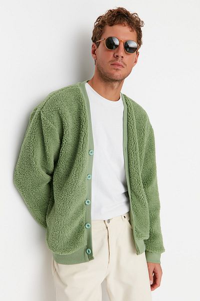 Trendyol Collection Green V-neck PluSH OverSize CarDigan - Warm, ButtoneD - TMNAW23HI00062
