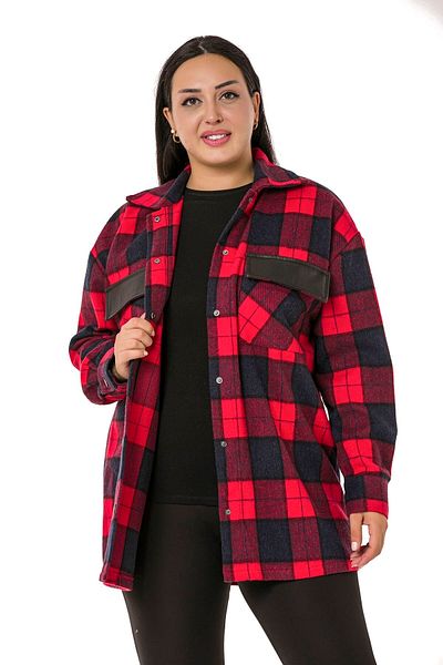 DISENTIS MODEST Large Size Plaid Red Jacket Shirt with Pocket Covers and Leather Garnish on the Back