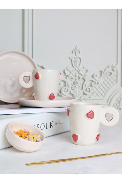ada mia seramik 2-Piece Heart Figured Handmade Ceramic Coffee Cup Set 90ml