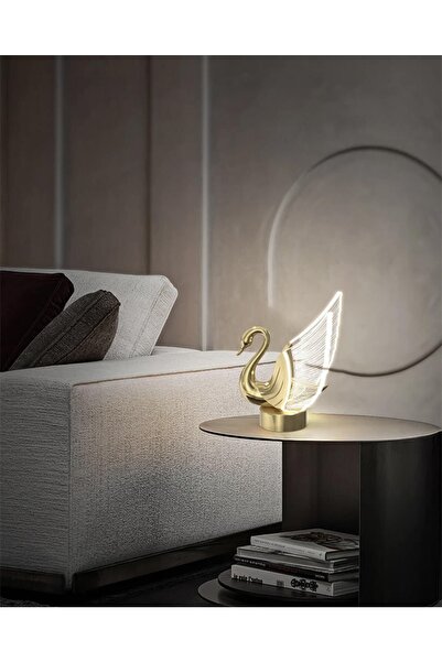 burenze Modern Exclusive Luxury Kuğu Abajur Swan Masa Lambası Gold Sarı Gün I...