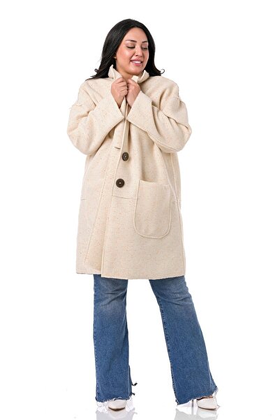 DISENTIS MODEST لون إكرو - مقاس كبير، كم منخفض، جيب حقيبة، سترة لامعة كبيرة ا...