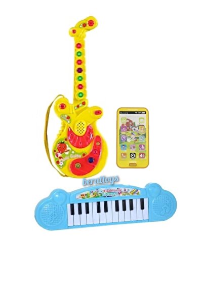 berattoys Pilli Müzikli Gitar(35cm)&ışıklı Müzikli Telefon(15cm)mini Piyano 3...