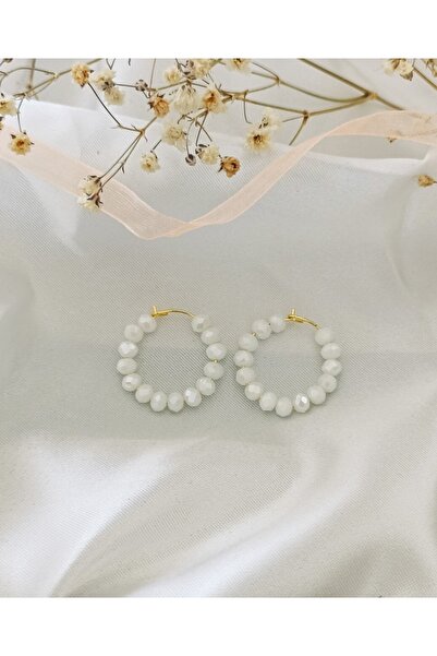 FEELİNG JEWELRY Beyaz Kristal Boncuklu Halka Küpe