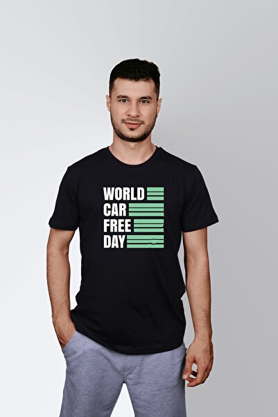 ErTaPassage Ανδρικό μπλουζάκι World Car Free Day με τύπωμα - Μαύρο T3345532