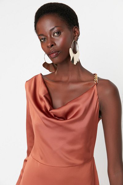Trendyol Collection Satin Woven Cinnamon Detailed Short Stylish Evening Dress - TPRAW23EL00263