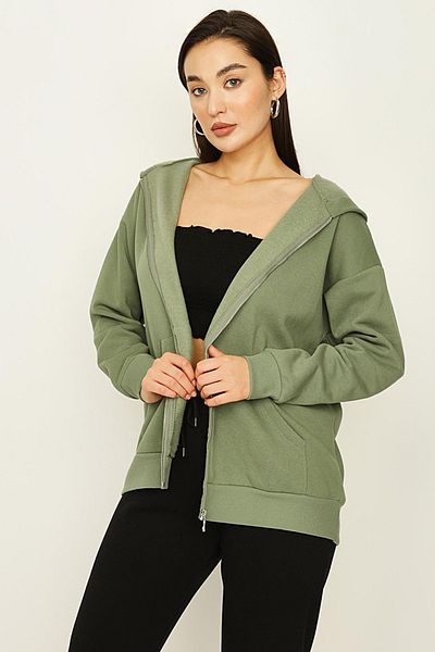 Select Moda Women's Khaki Hooded Zipper Closure Knitted Sweatshirt