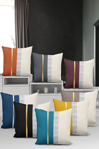 Viva Home 43x43cm Premium Varak Çizgili Tay Tüyü Dokuma Kumaş Çift Taraflı Kırlent Yastık Kılıfı Krl985