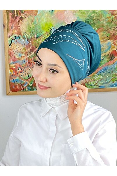 BUTİKAMBAR Bow Model Stoned Green Petrol Inchis Capota