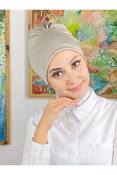 BUTİKAMBAR Bow Model Stoned Dark Stone Color Bonnet