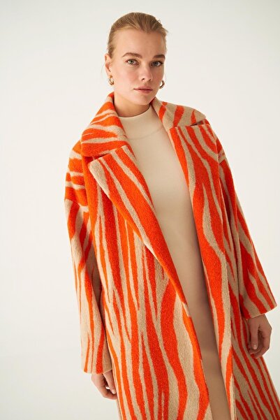 Perspective Jhaross Comfortable Fit Men's Collar Midi Size Zebra Patterned Orange Beige Color Women's Coat