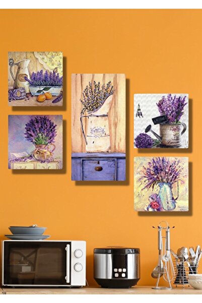 NT Handmade Ahşap 5 Parça Mor Çiçekler Duvar Dekoru Salon Oturma Yatak Odası Mutfak Konsepti Için Tablo Seti