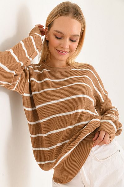 VOLT CLOTHİNG Gestreifter Oversize-Strickpullover für Damen