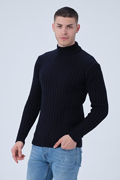 1000LAKE Erkek Lacivert Yarım Balıkçı Yaka Saç Örgü Triko Kazak