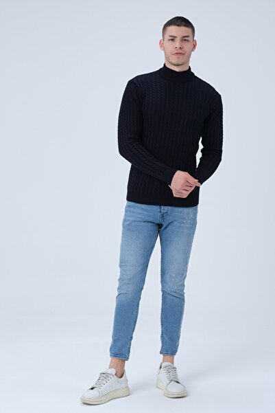 1000LAKE Erkek Lacivert Yarım Balıkçı Yaka Saç Örgü Triko Kazak