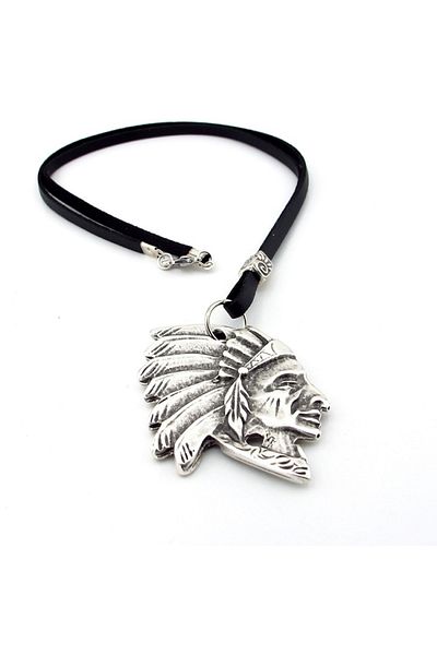Solfera Native American Chief Ulu Manitu Black Leather Metal Men's Necklace Q0593