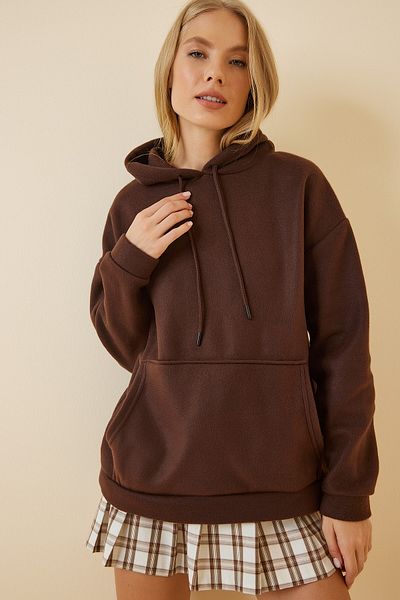 Happiness İstanbul Braunes Winter-Fleece-Sweatshirt mit Kapuze für Damen ZV00047
