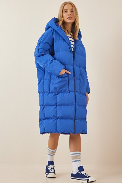 Happiness İstanbul Dámský modrý nafukovací kabát s kapucí AV00029
