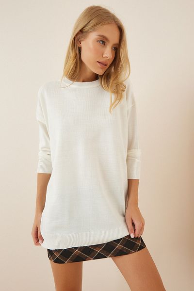 Happiness İstanbul Pulover oversize alb din tricot sezonier pentru femei PN00053