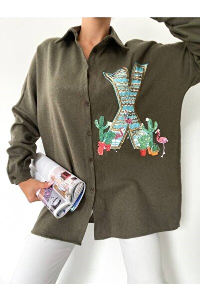 FancyWorld X Desenli Pul Payet Işlemeli Örme Kaşe Kumaş Haki Gömlek