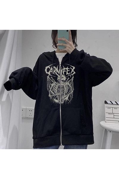 Touz Ζακέτα LAGOM FASHION Carnifex Printed Oversize Μαύρη Unisex με κουκούλα με φερμουάρ