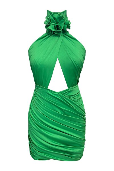 TARA COŞKUNTUNCEL Yeşil Drapeli Çiçek Detaylı Mini Elbise