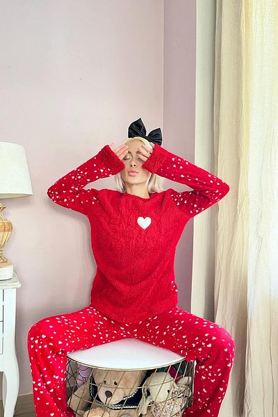 Pijamaevi طقم بيجامة نسائية من القطيفة باللون الأحمر استمتع بالحياة