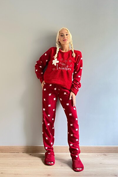 Pijamaevi Kırmızı Hello Winter Desenli Kadın Peluş Pijama Takımı