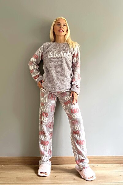 Pijamaevi Gray Hoho Patterned Women's Plush Pajama Set
