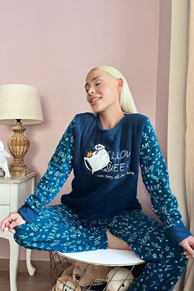 Pijamaevi Navy Blue Pillow Patterned Women's Plush Pajama Set