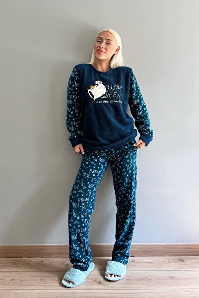 Pijamaevi Navy Blue Pillow Patterned Women's Plush Pajama Set