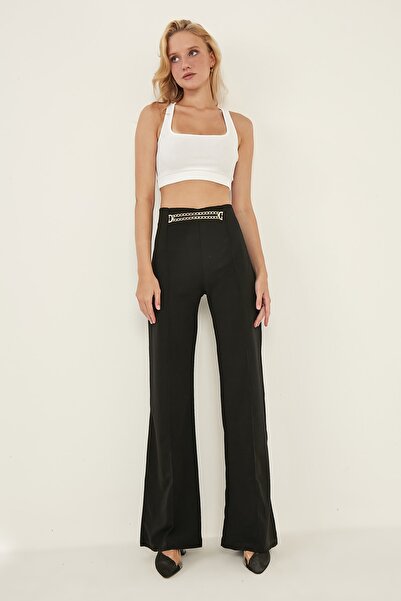 MEECY Жіночі чорні брюки з високою талією, ланцюжковими деталями та широкими ...
