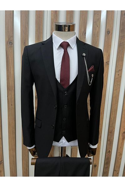 HÜRMEN Plain Black Viscose Vest Suit