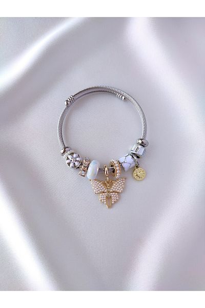 Evorya Model Charm Bracelet White Butterfly Steel Women's Bracelet