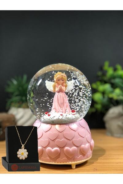 Lapidaria Melek Temalı Işıklı Müzikli Püskürtmeli Kar Küresi Büyük Boy Ve Papatya Kolye