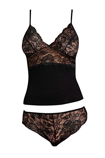 Alissa Women's Lace Combed Cotton Undershirt Panties Camisole Set Black 603