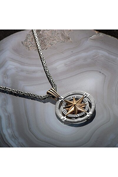 adarotakı 925 Ayar Gümüş Pusula Erkek Kolye Kral Zincirli