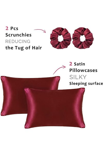 Deko Dekor 100% Satin 50x70 Cm 2 Pieces Satin Pillow Case & 2 Pieces Buckle Burgundy Color