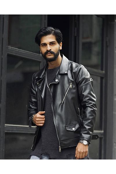 MFU collection Ανδρικό Μαύρο Slim Fit Slim Fit North Model Δερμάτινο Μπουφάν