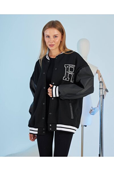 ventinovas R Jachetă de colegiu unisex oversize cu mânecă din piele neagră br...