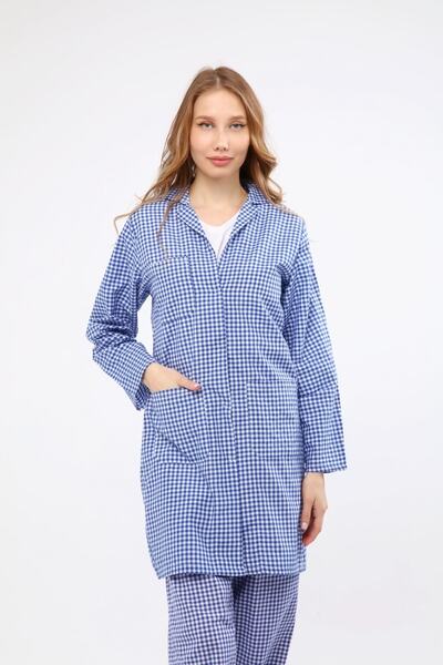 Çamdalı İş Elbiseleri - Gingham Blue Women's Apron - Checked Women's Work Apron