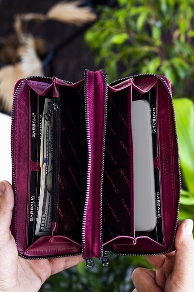 Garbalia Orleans Vintage Leather Claret Red Clutch Bag with Phone Compartment Wallet Card Holder