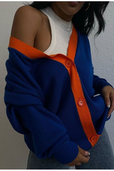lovebox Women's Stripe Detailed Button Detailed Oversize Saxe Blue Long Cardigan 6609