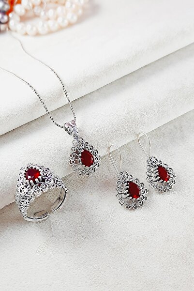 Altınışık Gümüşçülük 925 Ayar Gümüş Oksitli Telkari Takım Doğal Taşlı 45 Cm Z...