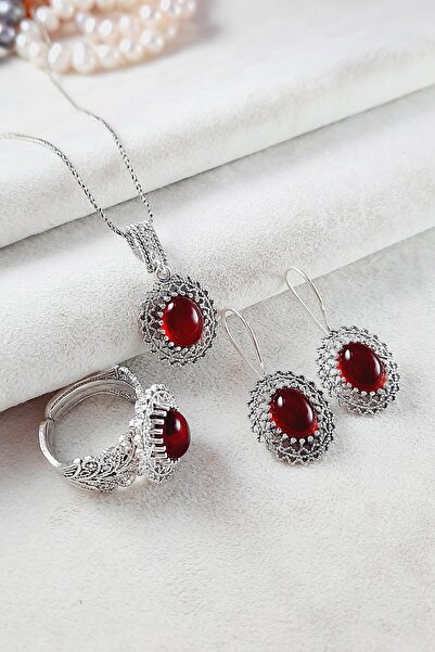 Altınışık Gümüşçülük 925 Ayar Gümüş Oksitli Midyat Telkari Takım Doğal Taşlı ...