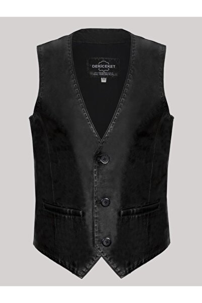 Derimont's Hakiki Deri Hakiki Deri Siyah Düğmeli Erkek Yelek