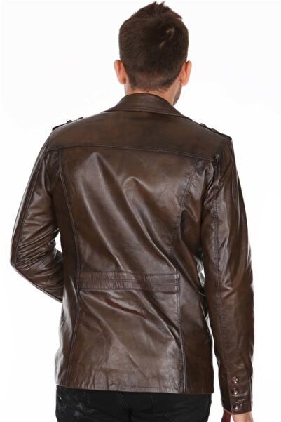Derimont's Hakiki Deri Kahverengi Erkek Deri Mont Düğmeli Deri Ceket